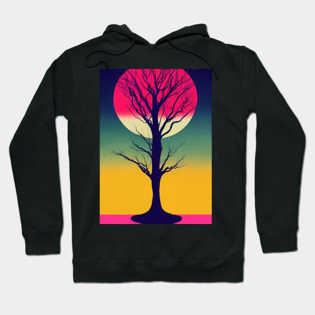 Pink Full Moon Over A Vibrant Colored Whimsical Minimalist Lonely Tree - Abstract Minimalist Bright Colorful Nature Poster Art of a Leafless Branches Hoodie by JensenArtCo